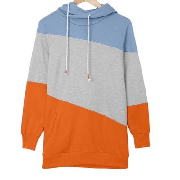 Style Cove Tops - ORANGE GRAY BLUE COWL NECK SLOPING POCKETED DRAWSTRING HOODIE SIZE XL (16-18)